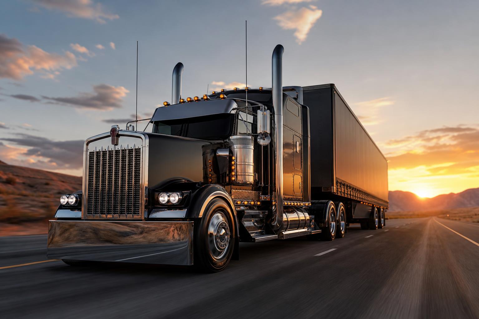 Black and chrome Kenworth W900L show truck on highway at sunset